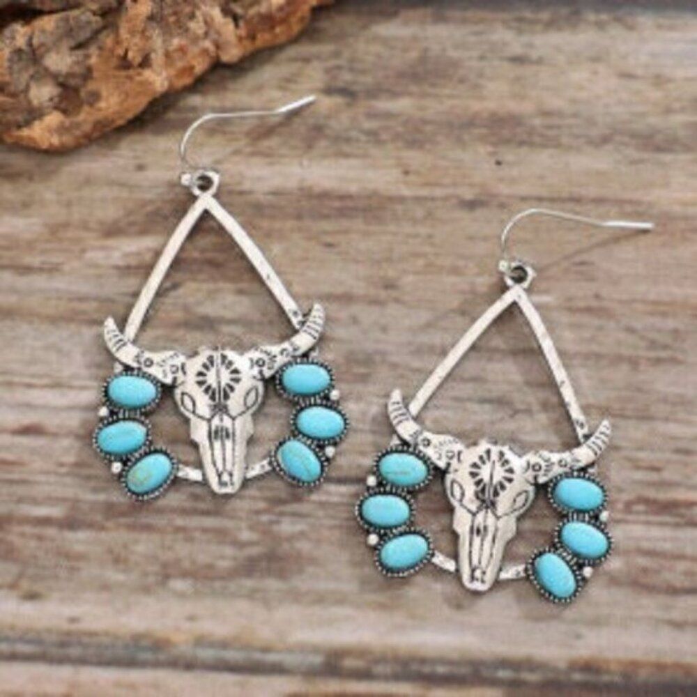 Boho Turquoise Bull Skull Vintage Western Tear Drop Earrings